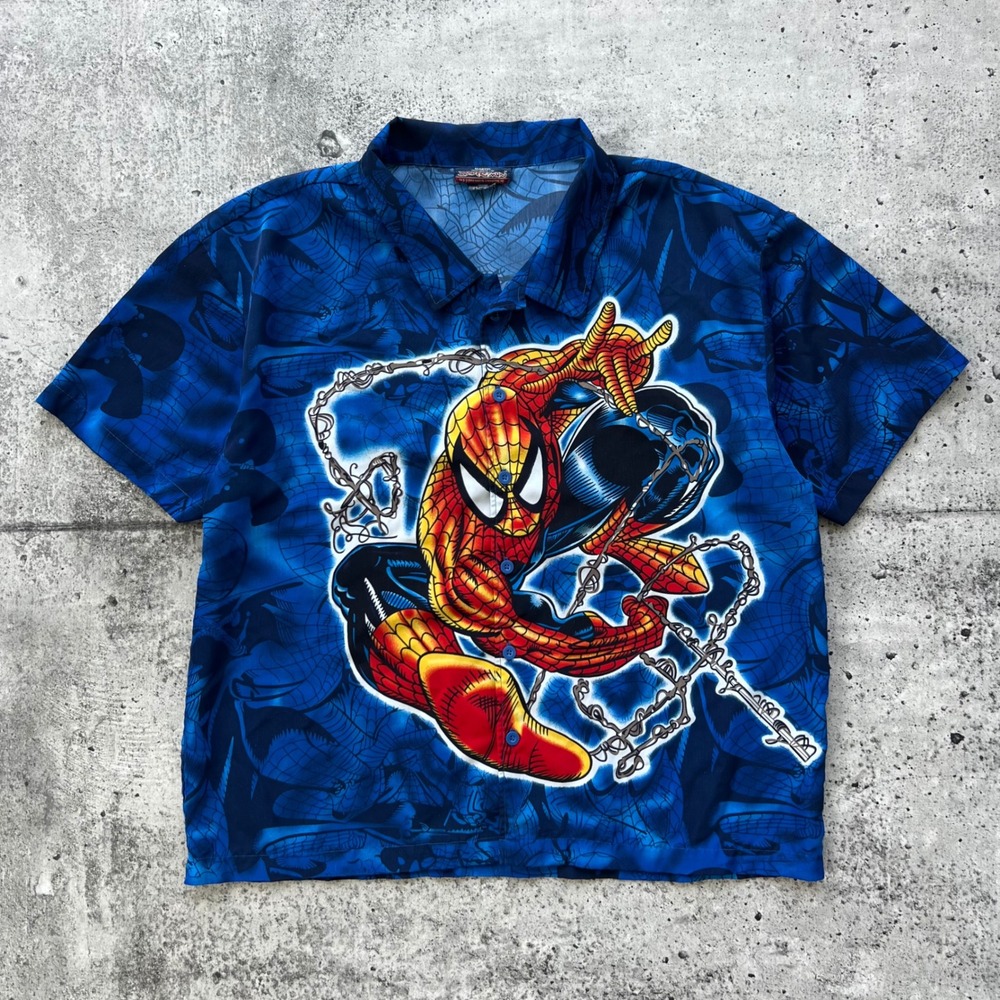 Y2K Marvel Spider-Man Shirt Mens XL Blue Superhero AOP Bowling Button Up 2002
